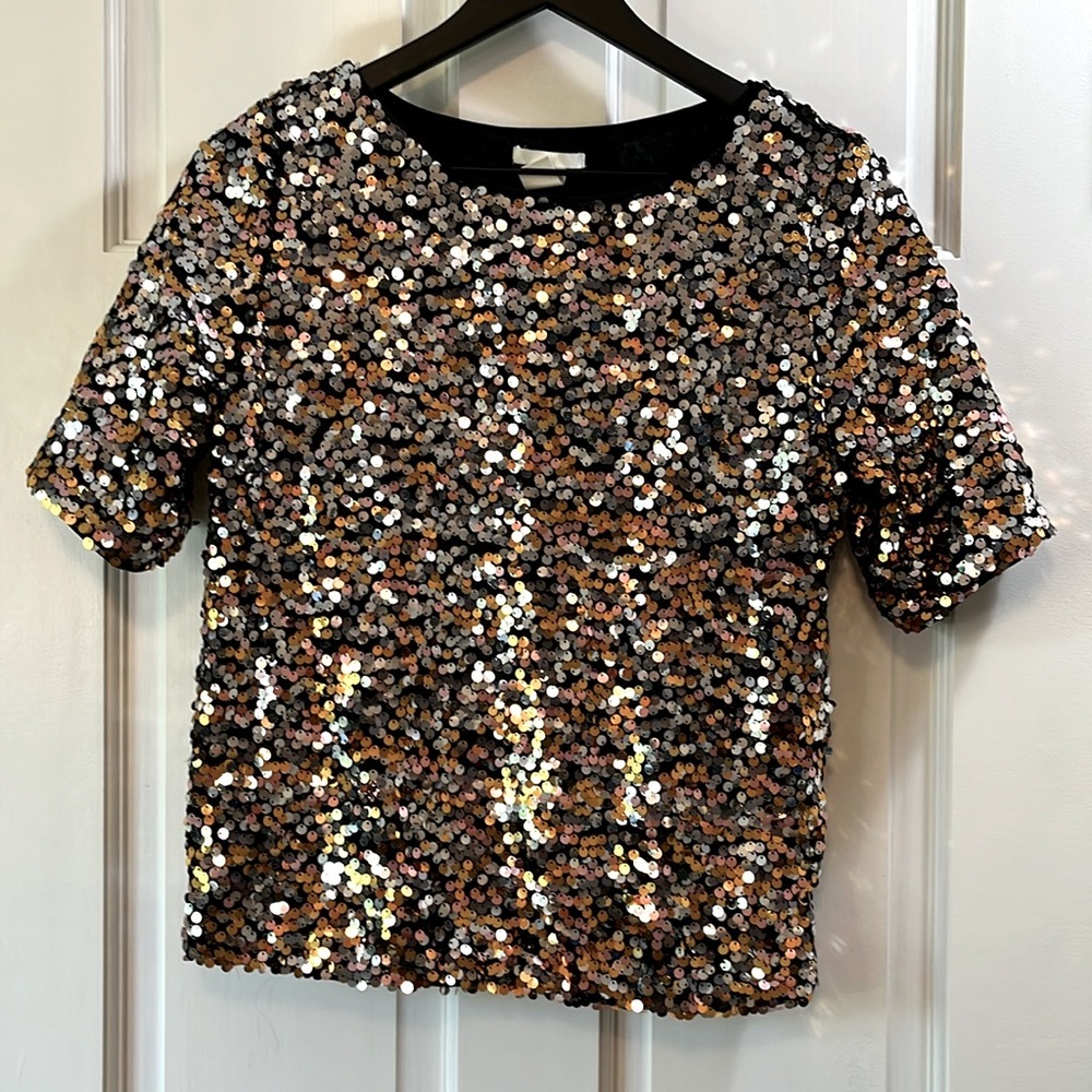 H&M Gold & Silver Sequin Short Sleeve Top - Size Small - Picture 1 of 7